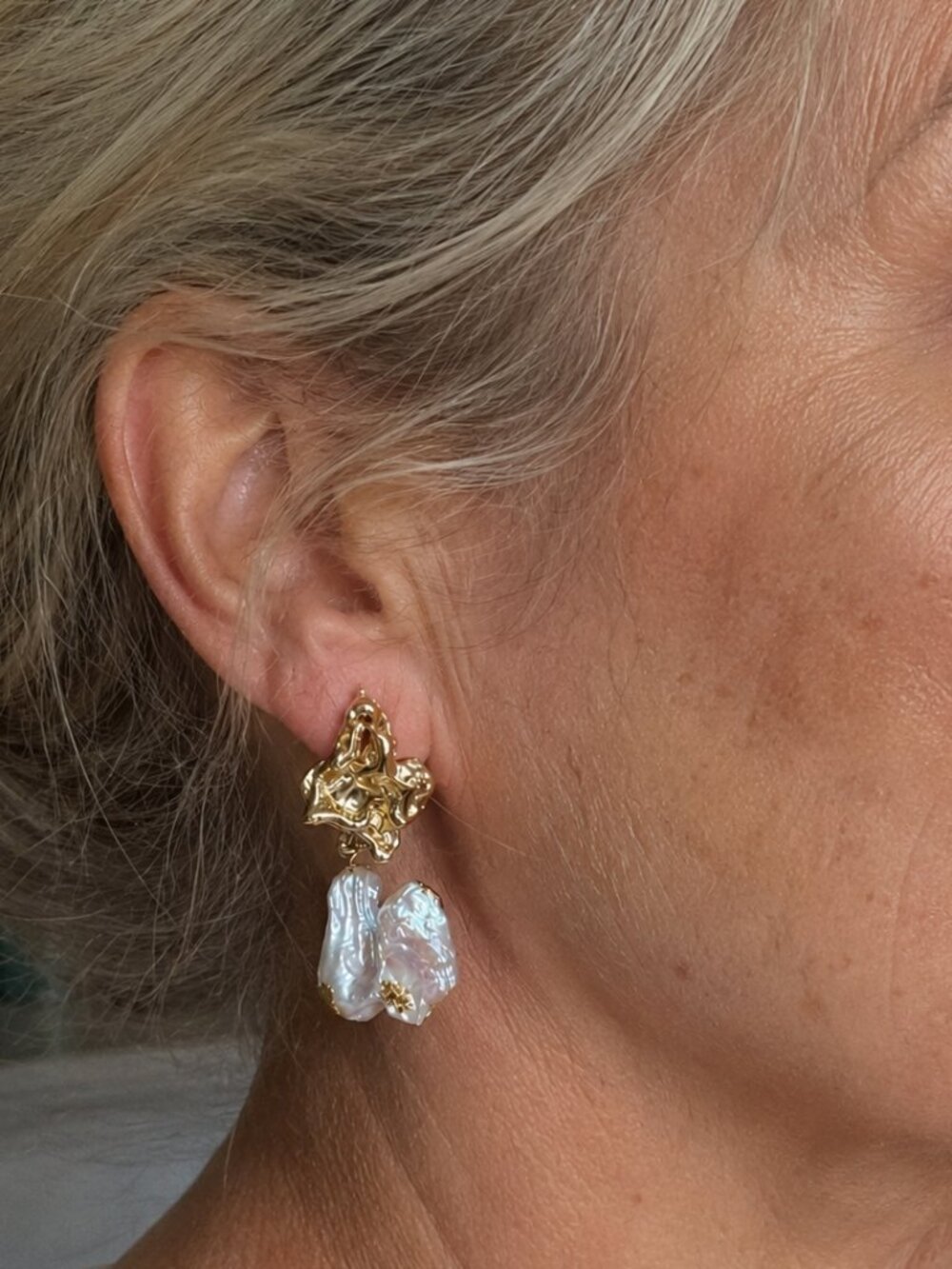 French Vintage Baroque Pearl Drop Earrings 14K Gold Plated